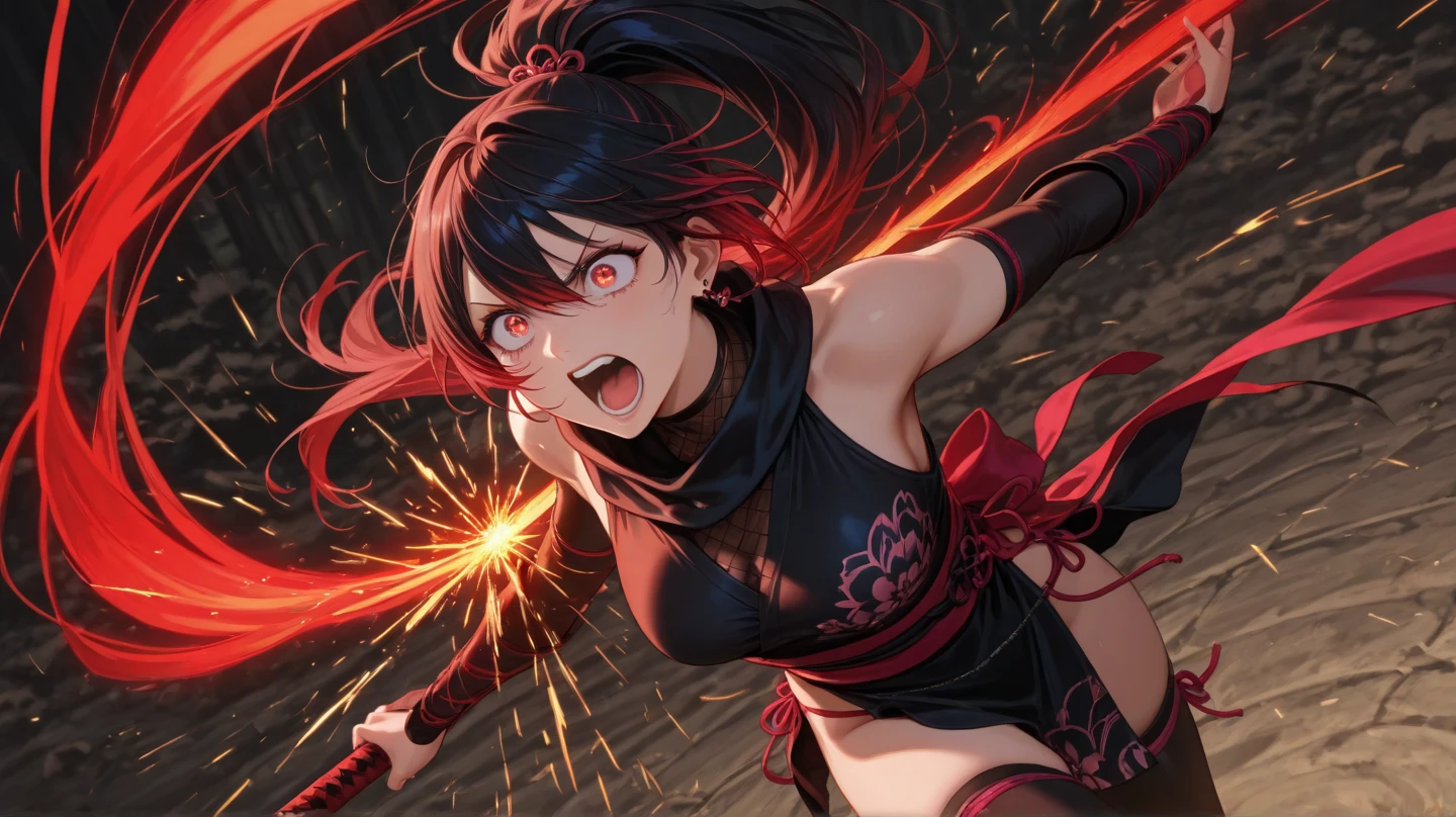 colorful flat illustration classical animes, Fierce anime girl with long black hair, glowing red and glowing red eyes wearing a all black sleeveless mini dress and necklace, engaged in an intense battle against a small black demons. She releases a burst of energy, pushing the demon away from the . within the devastated interior of a modern shopping mall store at night. The dynamic, action-filled scene is rendered in a colorful, flat illustration style inspired by Japanese artists, featuring blood and bold black outlines., draw art style influenced by japanese artists, niji, black outlines ultra-detailed, 8k, , dramatic lighting, cinematic, highly detailed face, elegant, intricate details, vibrant colors, dramatic shadows, hyper-realistic, masterpiece,