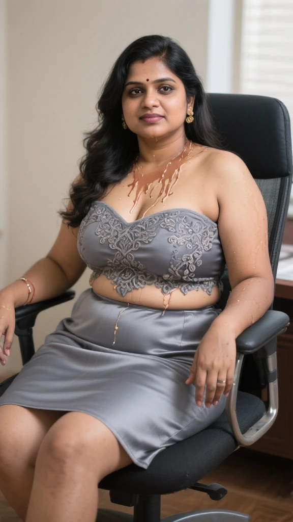 Day scene, full body photo of a plus sized 45 year old indian with a man from top view, (Masterpiece, Best Quality, High Resolution), office Background, (cum Splash on her breasts and nipples, cum Splash on her face, Splash of cum, cum Splash on her blouse, cum Splash on her eys), Sweet 25 year old South indian women sitting on her knees in a crowded party hall with a man, hour glass body red lips, silver colour silky gown, lightly makeup,ultra realistic, realistic, look at viewer (cinematic:1.3), intricate details,