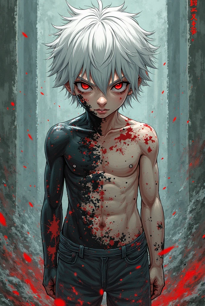 a man completely consumed by crimson roots of white hair with only one empty black eye looking at a corpse in an anime-style reddish desert planet setting