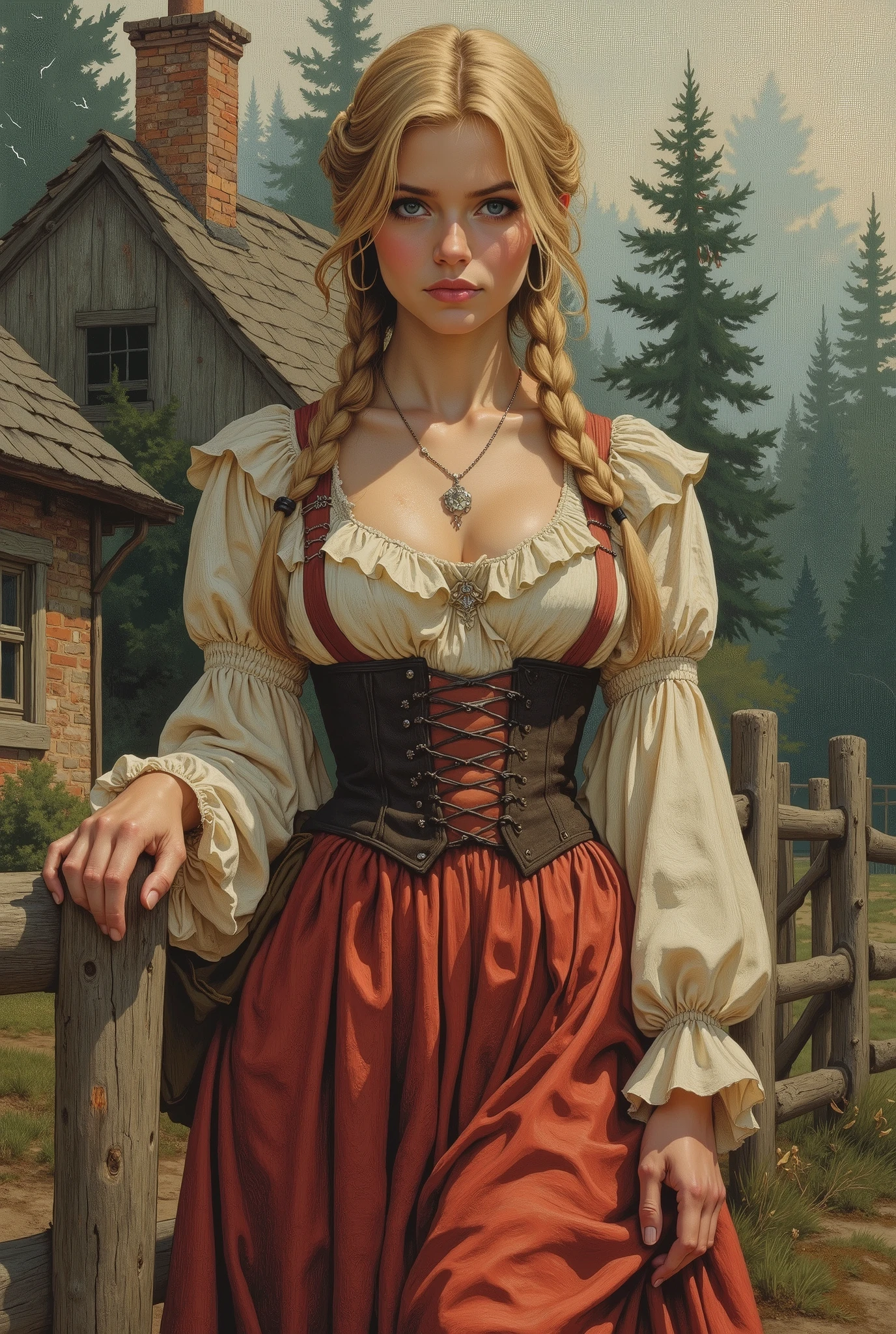 Illustration, Oil painting, Sexy 20 year old girl, blonde, Easy smile, historic aristocrat dress, hairstyle two braids, hair jewelry, stands by the fence against the background of a country cottage, watercolor background of a rustic coniferous forest, thigh length portrait, dynamic pose, epic scene, bright spots,  large strokes , black mist, fire at the ground, lightning in the sky , high quality details 