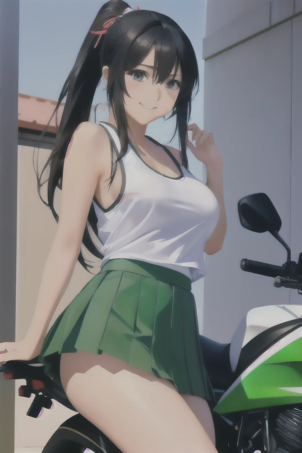 ,, large breasts,, Riding a bike through the sky, solo ,  early morning、 nipple, empty eyes black hair
