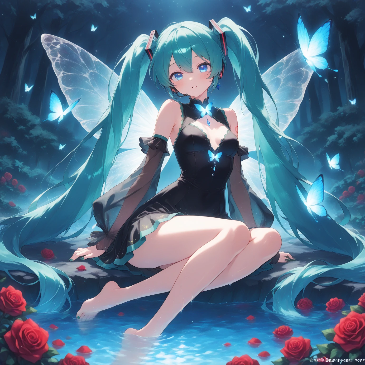 Full-body depiction of a single person、Fantastic depiction、Hatsune Miku singing in a shining blue and green forest、The background is dotted with glowing lilies of the valley and other glowing plants.、Soap bubbles are flying around Hatsune Miku、The costumes are designed with forest elements、The ground is accented with leaves and flowers.、The sunlight from the sky shines on her like a spotlight。Wearing a light blue dress、Anatomically correct body、((Large Breasts))、long slender legs、White skin、Hatsune Miku is reaching out to a little fairy、