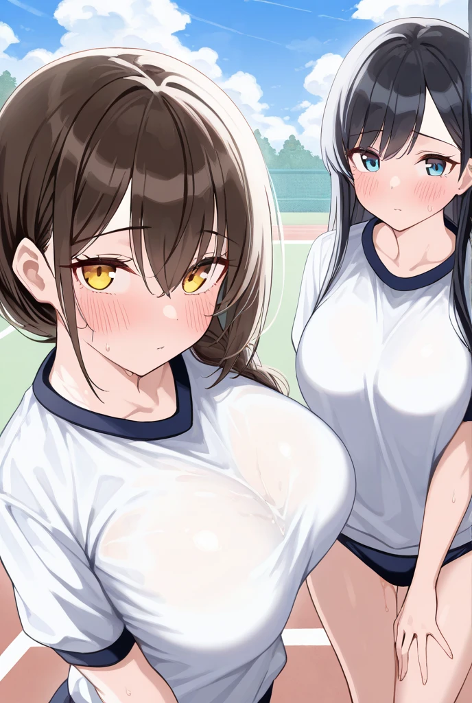 (highest quality:1.4)、(High resolution)、detailed background、(detailed beautiful face:1.4)、(Depict the normal number of fingers:1.2)、(detailed facial expressions)、realistic、beautiful and smooth skin、age beauty、(three women:1.3)、(huge breasts:1.3)、brown hair、long black hair、ponytail、Perfect body line、attractive thick thighs、cowboy shot、
(Two girls are worried about the tightness of their gym shorts in the schoolyard:1.5)、
(Fixing the bite of panties:1.5)、(nipple:1.2)、(underboob:1.5)、Angle looking up from below、Zoom up from below、cute colored panties、
blushing with an embarrassed look、So embarrassed and cute、Looking at me with cold eyes、cameltoe