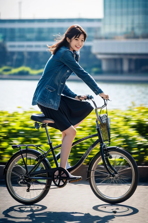 realisticlying,photography of,RAW photogr,(zebra crossings:1.4)(Traffic lights turn red:1.4),A young woman in her 30s,Dress in a sporty style,Stride on the bike,Next to a little boy about 6 years old,The two smiled and looked at each other,exquisitedetails,A high resolution,Original,best qualtiy,详细的脸