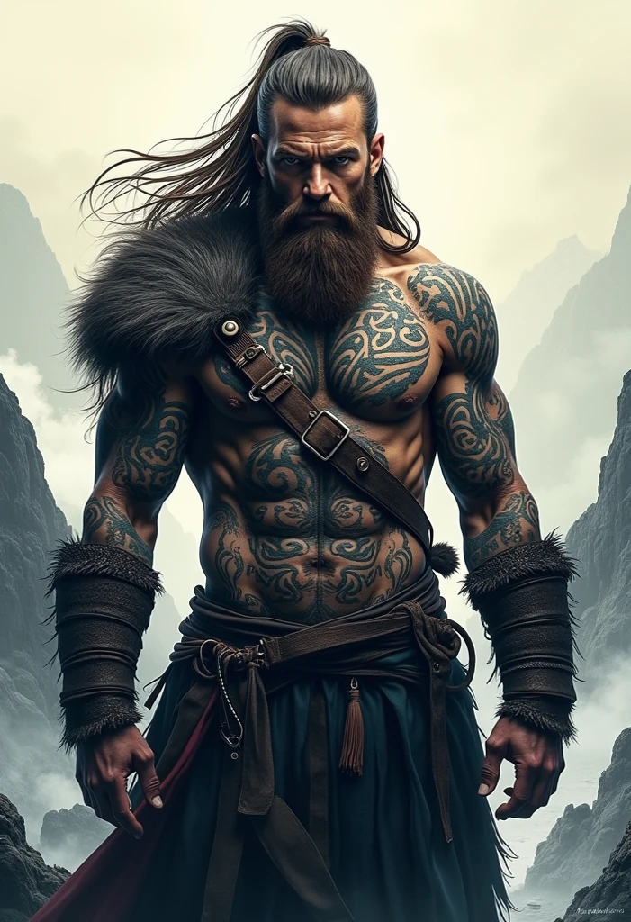 Viking warrior man. with an intense and rude look. tattoos on the body. with big muscles. Style pin up