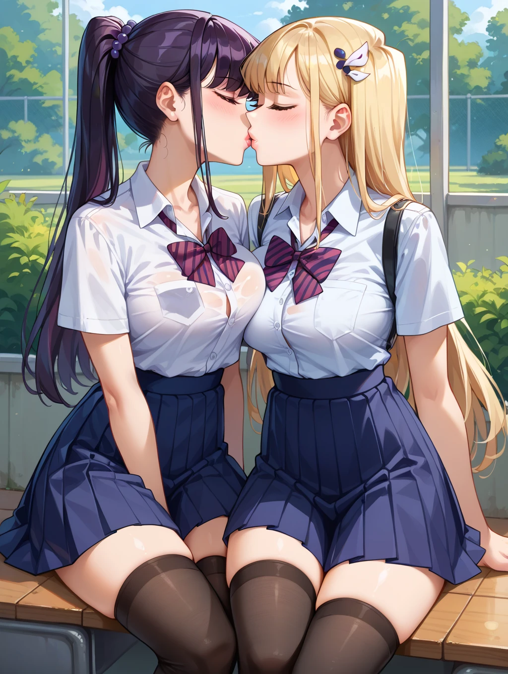 detailed figure, Dynamic Angle, Very detailed, figure, Two Girls, 18-year-old, high school girl, [Long wavy blonde hair, Long Hair, Light grey eyes], heart, White shirt, Light blue plaid skirt, Cleavage, Flush, blush, excited, School classroom, smile, Lesbian Kiss, hug, Holding, touch, [long black hair straight, close your eyes, Grimacing]