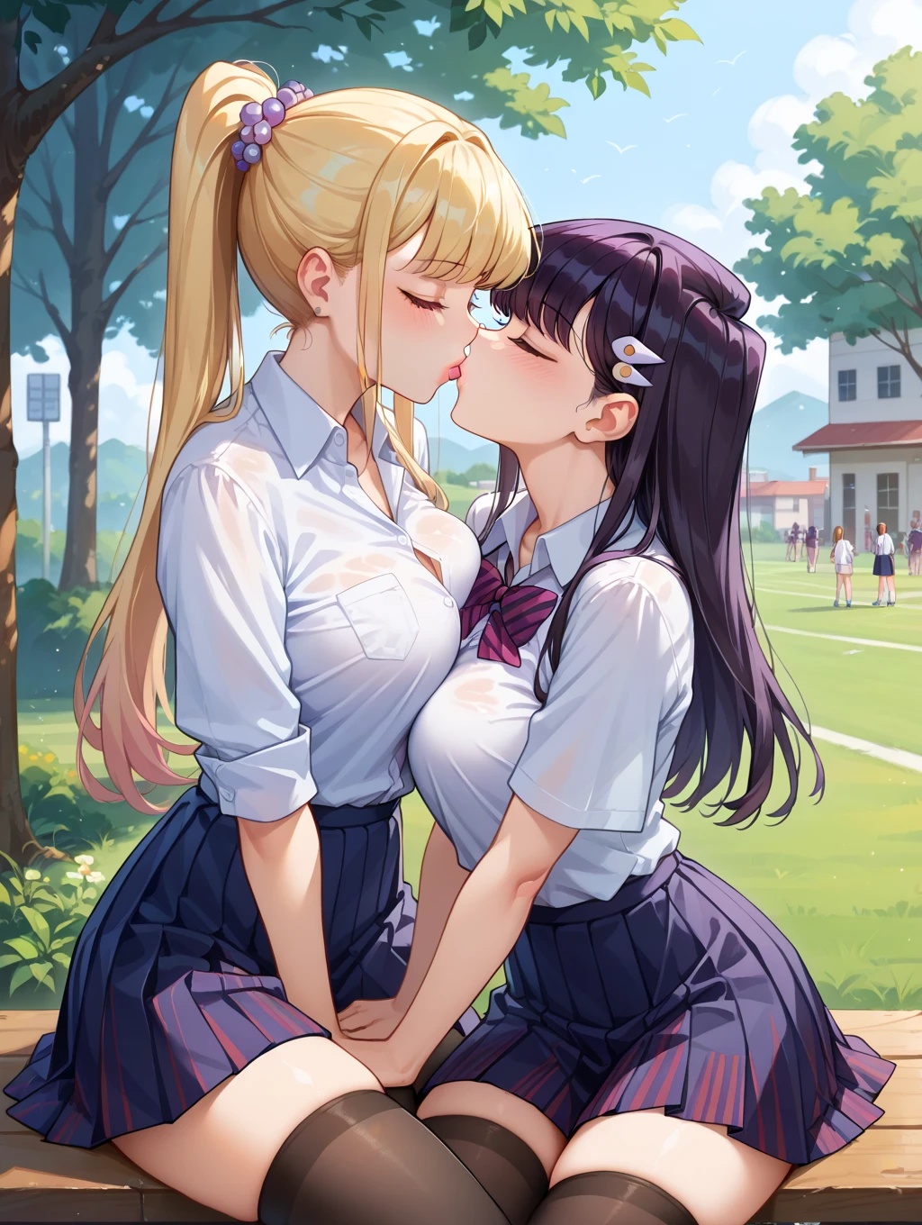 best quality,ultra-detailed,high resolution,extremely detailed CG,perfect anatomy,detailed,cinematic lighting,beautiful detailed eyes,ultra high res,(2girls:1.5),18years old,gleaming skin,oil skin,sweat,humid,trembling,strong light coming in,spot lighting,bright,revealing,nose blush,nsfw,(slut:1.2),(steam:1.2),(wet:0.8),(trembling:0.8),(drooling:0.6),(sweat:0.8),(nsfw:1.2),(Tennis uniform:1.2),(Young:1.2),Japanese,(Tennis court:1.2),large breasts,(Random Hairstyles:1.2),Bold Pose,(full body:1.2),skirt,(Sheer tops:1.5),Shyness,(lure:1.5),(Smile:1.3),(Lesbian:1.9),(Deep Kiss:1.5),