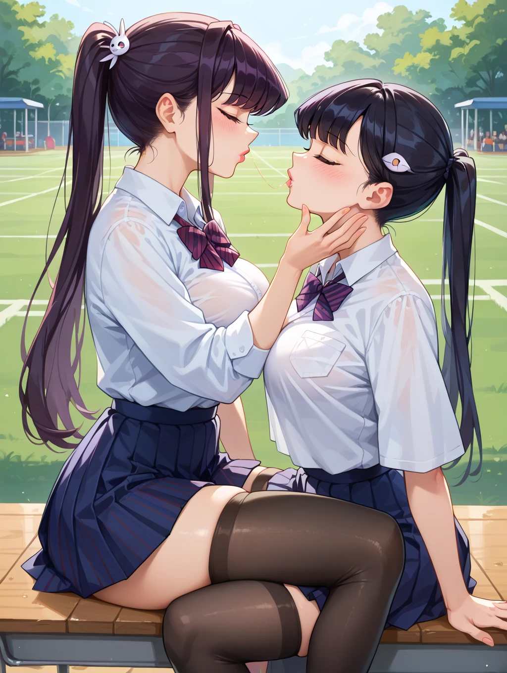 best quality,ultra-detailed,high resolution,extremely detailed CG,perfect anatomy,detailed,cinematic lighting,beautiful detailed eyes,ultra high res,(2girls:1.5),18years old,gleaming skin,oil skin,sweat,humid,trembling,strong light coming in,spot lighting,bright,revealing,nose blush,nsfw,(slut:1.2),(steam:1.2),(wet:0.8),(trembling:0.8),(drooling:0.6),(sweat:0.8),(nsfw:1.2),(Tennis uniform:1.2),(Young:1.2),Japanese,(Tennis court:1.2),large breasts,(Random Hairstyles:1.2),Bold Pose,(full body:1.2),skirt,(Sheer tops:1.5),Shyness,(lure:1.5),(Smile:1.3),(Lesbian:1.9),(Deep Kiss:1.5),(sunset:1.4)