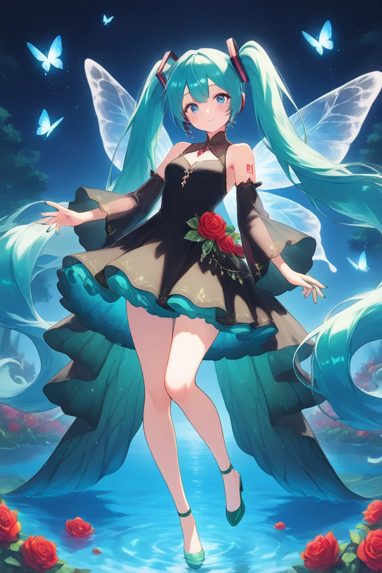Irish woman, anime, modest, beautiful, high quality, night, 8k, long waist length light pale purple hair, green eyes, red lips, eyelashes, long saloon girl dress, heels, elf ears, large colorful butterfly fairy wings, stage, dancing
