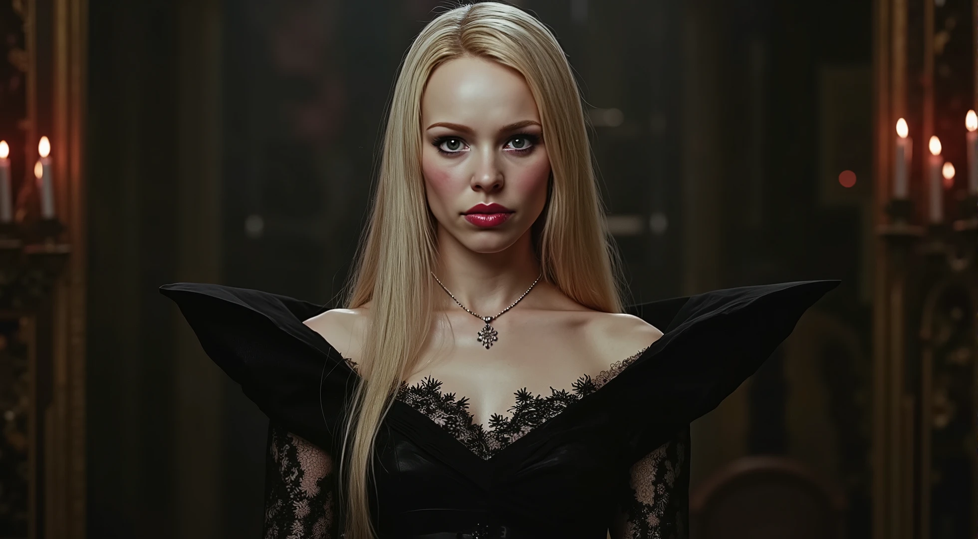 creat a realistic blonde Gothic Vampire Queen 40 years old full body portrait