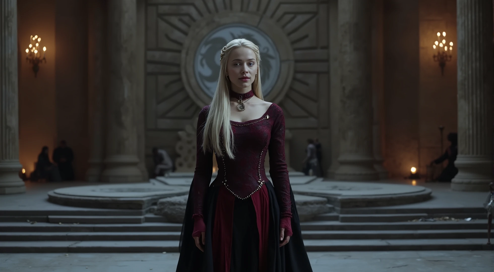 Create a powerful and regal portrait of Daenerys Targaryen standing in the grand Hall of Dragonstone. She is depicted as a slender, ethereal figure with silver-blonde hair cascading down her back in intricate braids, adorned with small dragon-shaped ornaments. Her violet eyes glow with determination and strength, reflecting her Targaryen heritage. She wears a flowing, elegant dress in deep black and red, with dragon-scale patterns and subtle embroidery that hints at her house's sigil. The dress is both regal and practical, with a high collar and long sleeves, exuding authority and grace.The Hall of Dragonstone surrounds her, with its towering stone walls carved with ancient Valyrian runes and dragon motifs. The room is dimly lit by flickering torchlight, casting dramatic shadows across the space and highlighting the textures of the stone and her dress. Behind her, the massive stone table shaped like Westeros stands as a symbol of her claim to the Iron Throne. The atmosphere is dark, mystical, and awe-inspiring, with a faint glow of firelight reflecting off her hair and eyes.The composition focuses on Daenerys as the central figure, capturing her commanding presence and the weight of her destiny. The style is realistic and detailed, with a focus on textures—the smoothness of her skin, the shimmer of her dress, and the roughness of the ancient stone. The mood is both majestic and haunting, embodying her role as the Mother of Dragons and rightful heir to the Targaryen legacy.