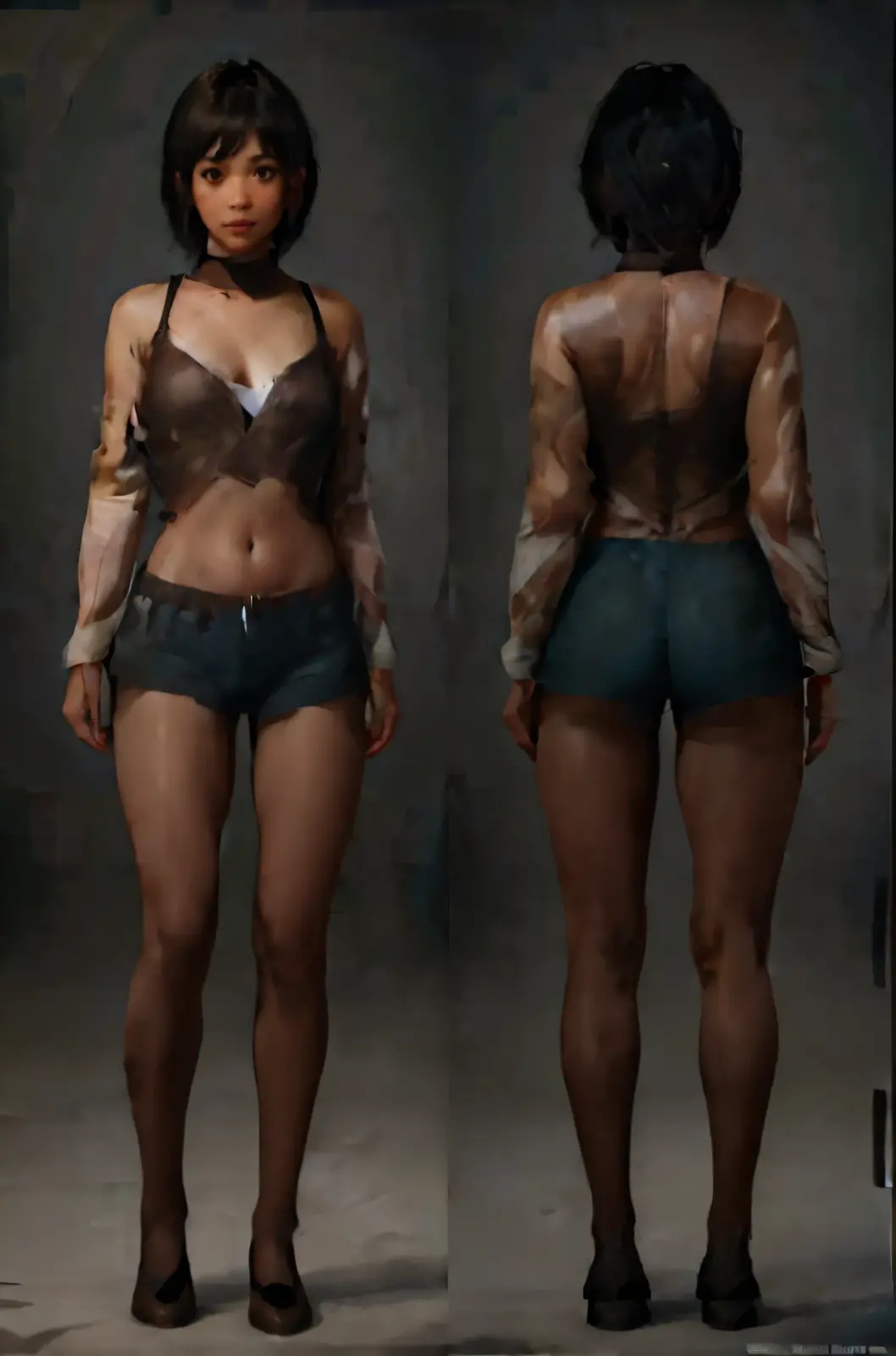 (best quality,4k,8k,highres,masterpiece:1.2),ultra-detailed,(realistic,photorealistic,photo-realistic:1.37),cartoonish,character design,Young woman,Ethereal beauty,Tan skin,Confident expression,Short messy hair with bangs,Sassy and confident