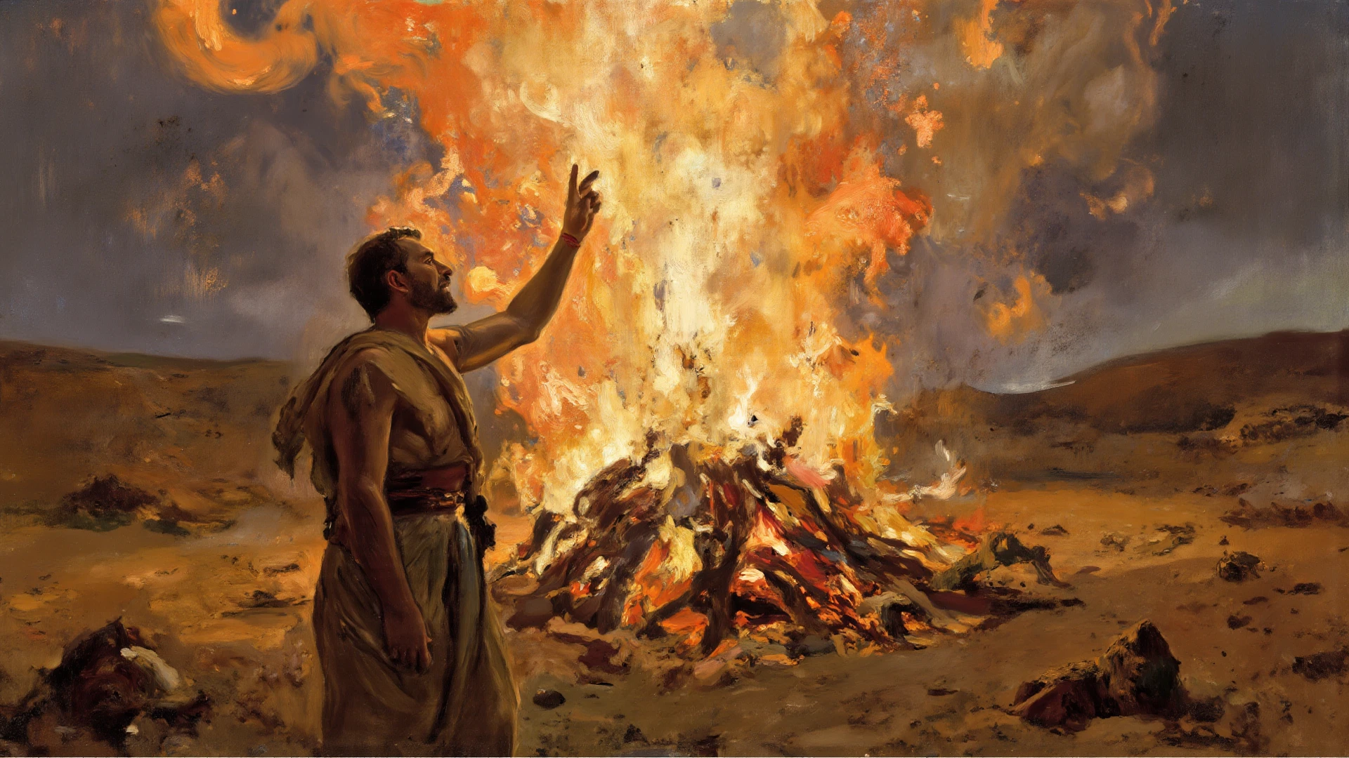 a painting of a man standing in front of a crowd of people, moisés, bible illustration, epic biblical representation, Ancient Biblical, Philistine greed sermon, ( Arte Fitzpatrick ), biblical image, bonfogo, the born fogo, fogo and brimstone, but it can only be burned, sacred ceremony, biblical painting, monges!!!!!!!!! fogo, biblical art, biblical art style