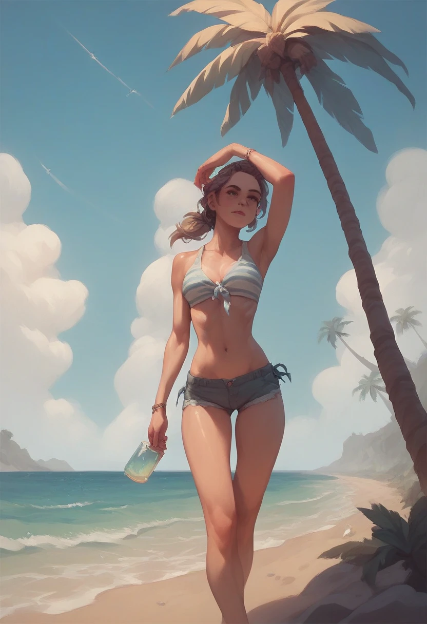 absurd resolution, high resolution, (master part: 1.4), super detalhado, (((Rosto detalhado, Detailed expression)), uma negra ao pe da praia com o maio preto e vermelo,