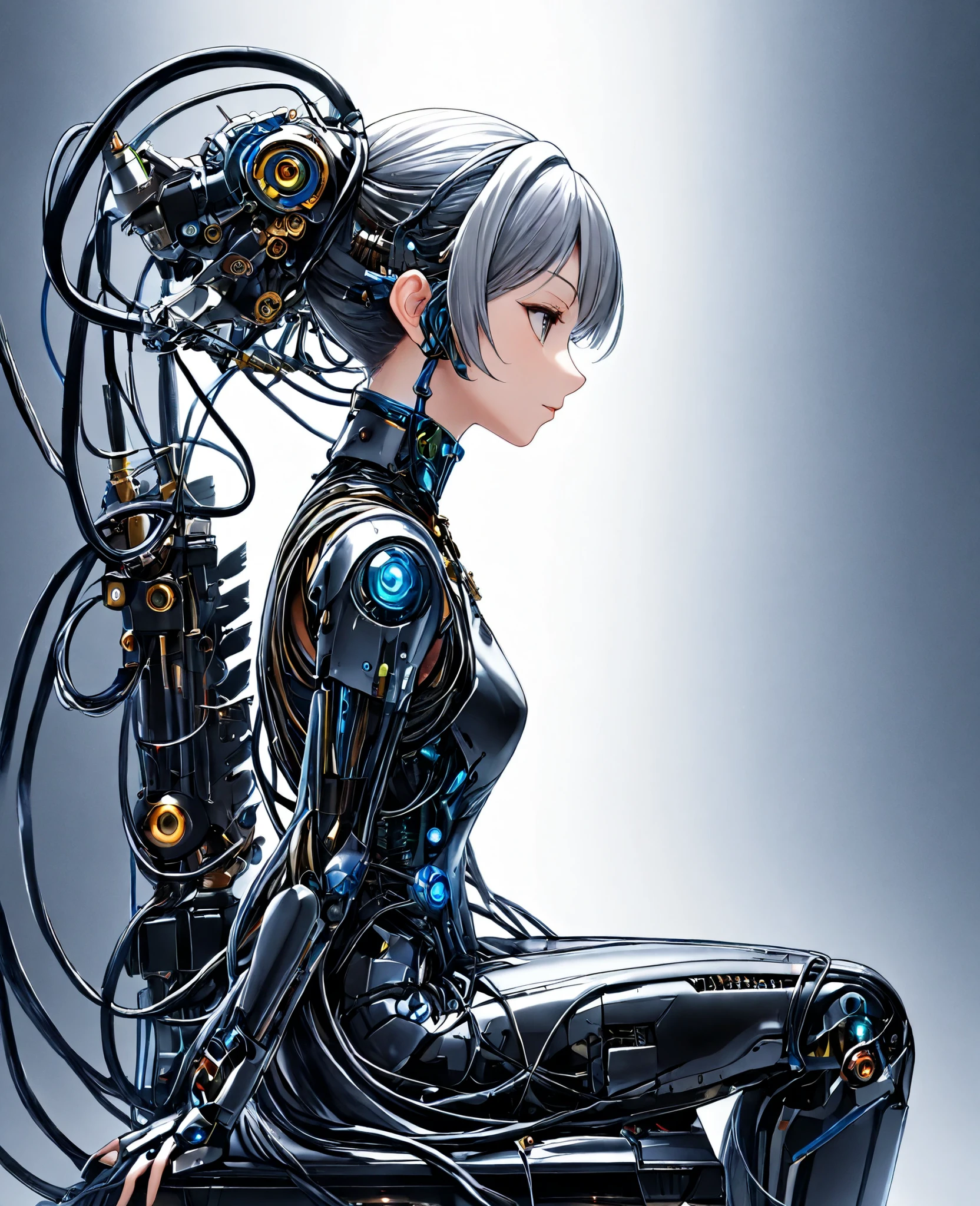 (masterpiece, top quality, top quality, official art, beautiful and aesthetic:1.2), (1girl:1.3), extreme detail,colorful,Best Details ((Super Detailed)), (very detailed CG illustration), ((very delicate and beautiful)),( from side),cinematic light,(( 1 mechanical girl)),solo,full body,(mechanical joints:1.2),((Mechanical rim )),(Mechanical Vertebrae Attached to the Back),((mechanical neck attached to the neck)),(sitting),expressionless,(wires and cables connected to the neck:1.2),(head wires and cables:1.2)(Focus on Characters),sci-fi,white background,