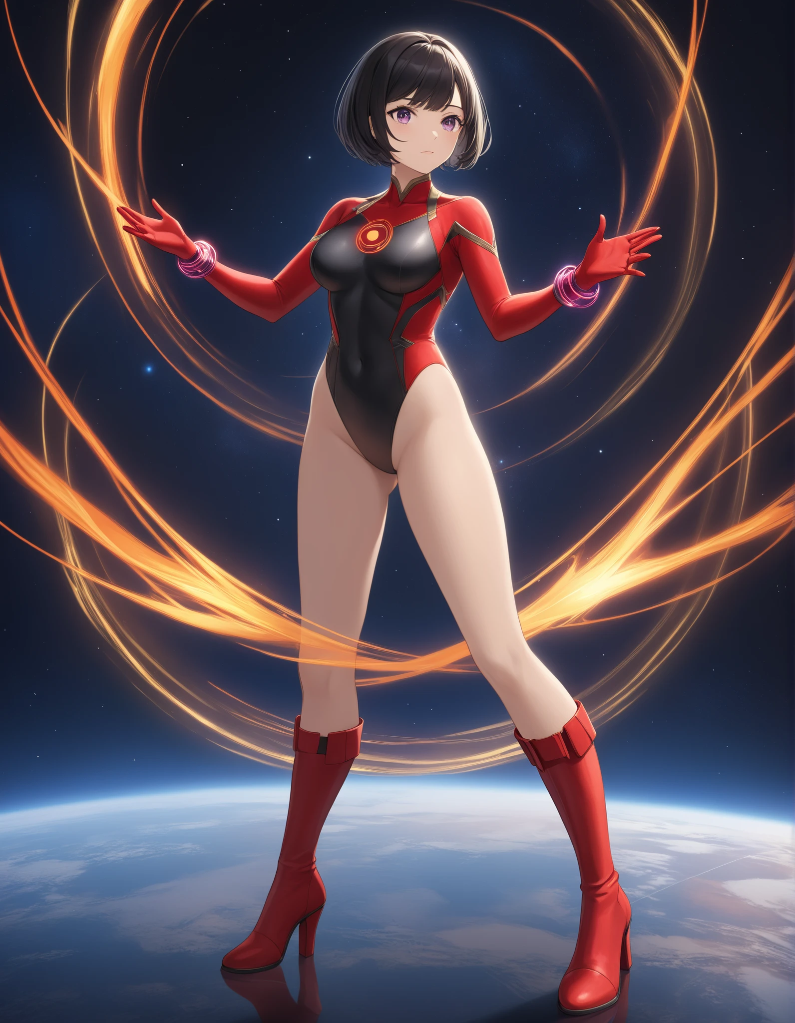 ((masterpiece)). ((best quality)), ((highres)), 1girl, solo, short hair, brown hair, purple eyes, (full body), standing, hands on hip, (sleeveless white and red leotard), (matching gloves), ((bare legs)), superhero, star symbol in embedded costume, tokyo city backdrop, matching boots,