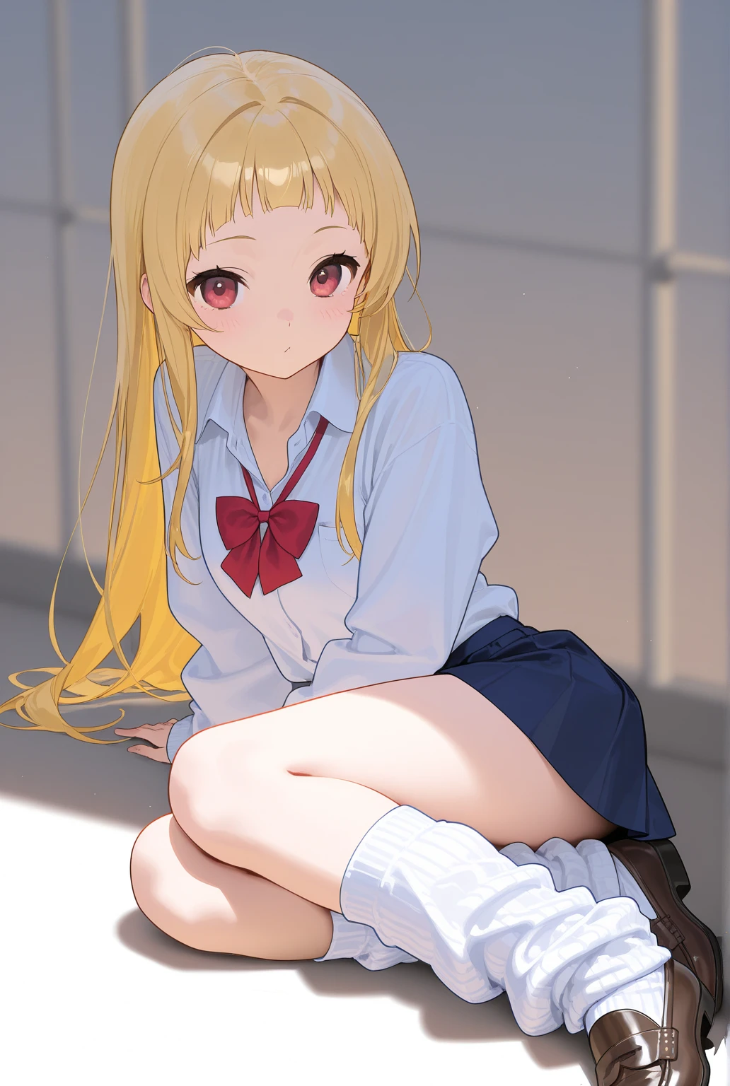 (masterpiece),(best quality),(ultra-detailed),(best illustration),(best shadow),(absurdres),(detailed background),(very aesthetic),sawamura eriri spencer, 1girl, solo, blonde hair, twintails, thighhighs, blue eyes, long hair, skirt, school uniform, sitting, black thighhighs, pleated skirt, white background, looking at viewer, smile <lora:eriri:1>