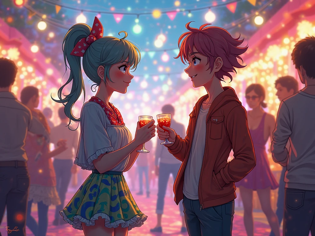 Mina Ashido from My Hero Academia dating dark skin teenager male with dreads and goggles
