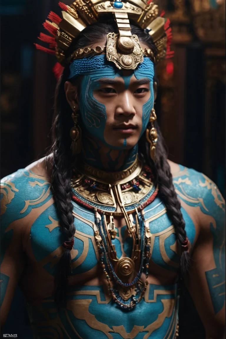 Extremely detailed close-up portrait, modeled after the legend of the Vietnamese god Lac Long Quan, taken from the waist up. The face of the god is a combination of modern handsomeness, combining the highlights of Thai, Korean and Hong Kong movie stars. A handsome face with strong features, sharp eyes shining with supernatural power, seeing through the human heart. Long, flowing black hair with interwoven shimmering scales. Majestic dragon horns protrude from the forehead, curved and shiny. Muscles rippling with supernatural power, skin with a texture like delicate dragon scales. Wearing an exquisite gold necklace decorated with gemstones that glow with an inner light. In his hand, he holds an ancient, unusual weapon - perhaps a trident or a sword - radiating mystical, mythical energy. The God Lac Long Quan stands tall and majestic, a colossal figure of divine presence and supreme power of the Vietnamese people. His posture exudes power and confidence, dominating the frame, dominating the dark, chaotic world. Behind him, a stormy seascape with huge waves crashing violently, the sky is dark and ominous, filled with swirling storm clouds and lightning. The entire scene conveys a sense of his epic scale and divine power. Rendered in a surreal digital art style with dramatic lighting to enhance the intense atmosphere and highlight Lac Long Quan's divine appearance. The image emphasizes the contrast between the calm, powerful demeanor of the god Lac Long Quan and the chaos of the elements around him that have been conquered and subdued.