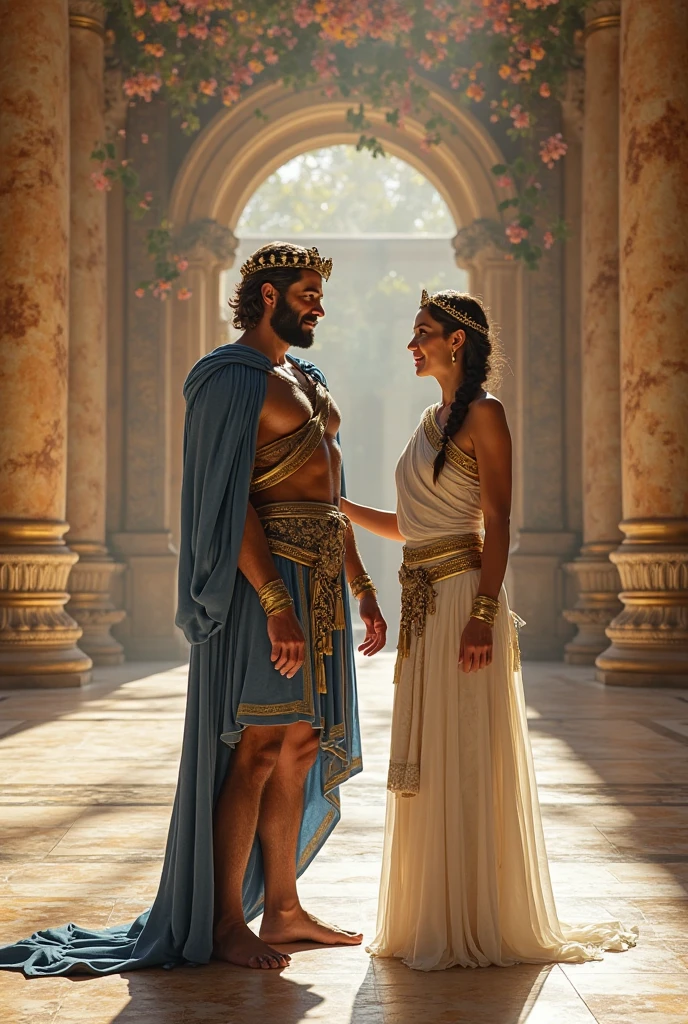 Front view , Full-body, standing pose, in a ancient Egyptian palace , looking at viewer, noon ,((1 man and 1 girl is existence )), (1 man and 1 girl couple is love ), (1man name is Antonius , a male is 41 years old, handsome),( wave perm , brown hair , serious), normal body, ((An ancient Roman emperor wearing traditional imperial attire, Including a toga praetexta with blue borders, Laurel wreath)), (1 woman name is Cleopatra queen 7 of Egypt),(18 age-old), (light brown hair, wince, half-closed Brown eyes, beautiful lip, serious), (Egyptian gold crown with gold sneak , earrings, gold neckless), (big breasts, slender whist, wide hip), (light blue Egyptian clothes , White wear, skirt:1.5), (Textured skin , HI Detail Skin, (Shorthand, Canon, 8k, Anatomically correct, Super Detail, Attention to detail, Your Highness)