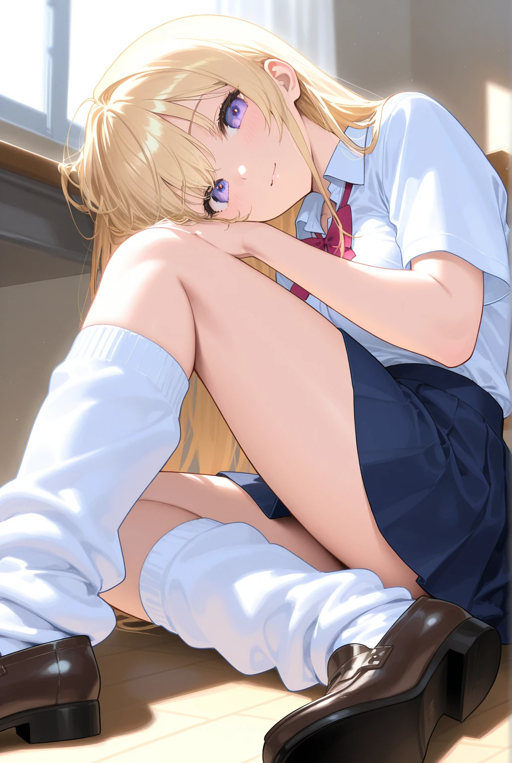 masutepiece, Best Quality,Photorealsitic,NSFW,(Detailed Focus:1.3), 1人の女性,School uniform,On the bed in the bedroom,((Lying on your back:1.3)),(open one's legs:1.2) ,Panties,Looking at Viewer, Cute, medium breasts, Yellow eyes, Pleated skirt with tartan plaid pattern, Yellow hair, Long hair,Beautiful detailed eyes, Beautiful detailed skin,embarrassed,(Low position shooting 1.5),(Close-up in panties:1.5),