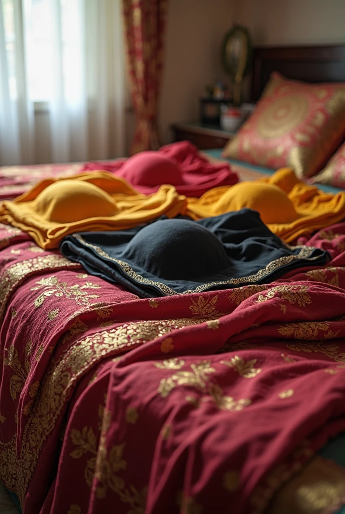 Fat plus size aunty wearing yellow blouse and skirt, she has fat and wide belly, lying on bed