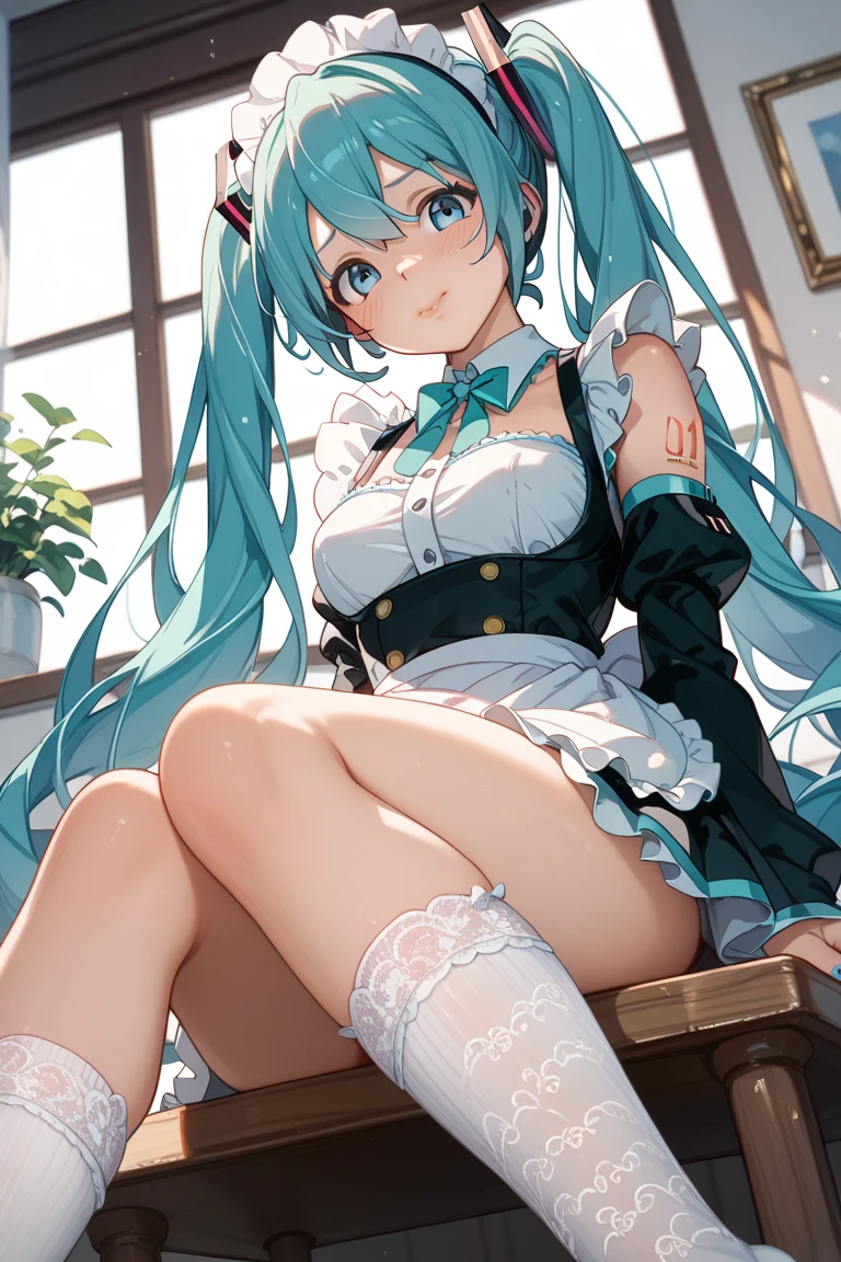 (1 girl),(high quality), (High resolution), (extremely detailed), (8K),(focus on lower body),(CG),(Hatsune Miku)、Gravure idol、Magic Knight、transparent costume、Magic Mentor、school uniform、sexy panties、(black knee high stockings:1.2)、(nipple shape)、No shoes、neutral white lighting,sexy pose、showing panties