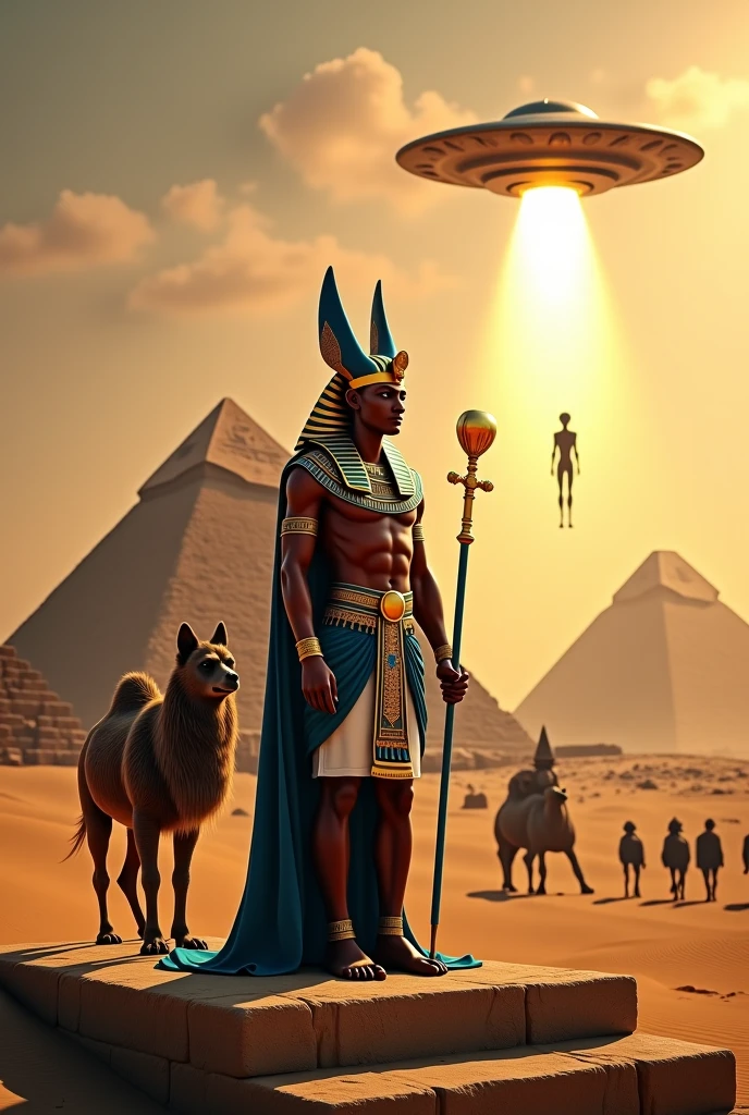 Egyptians and aliens built the pyramids. With cutting-edge technology A flying saucer shines down on the pyramid.
King Pharaoh and Creophraratran sat on the throne.
There are two Sophinks sitting next to each other in the desert.