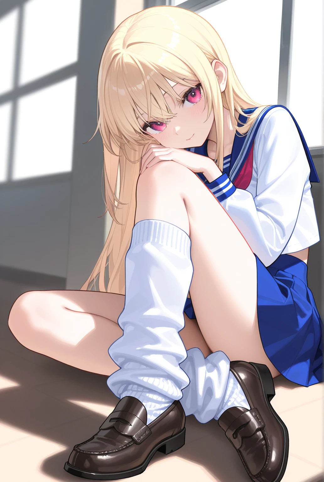 (masterpiece、Highest quality)、Blonde Short Hair、(Schoolgirl uniform、Pleated mini skirt)、Wearing VR goggles that cover the eyes、Open your mouth、Hold two VR controllers、Sitting on the floor、Knees up、Knees to chest、Spread leg pose、(White cotton panties)、Cameltoe、In the room、barefoot、Bare legs、((Showing off your crotch、Showing off panties))、Sitting on the floor、Putting your nipples in your clotheasterpiece、Highest quality、Super detailed、An illustration、colorful、FAQ Color、Depth of written boundary、Lens Glow、One girl、anime、sit down、Brunette look、School、classroom、Pleated elasticated、Black Pantyhose、Delicate skin texture、Delicate fabric texture、A lovely and meticulous face、Normal hand、whole body