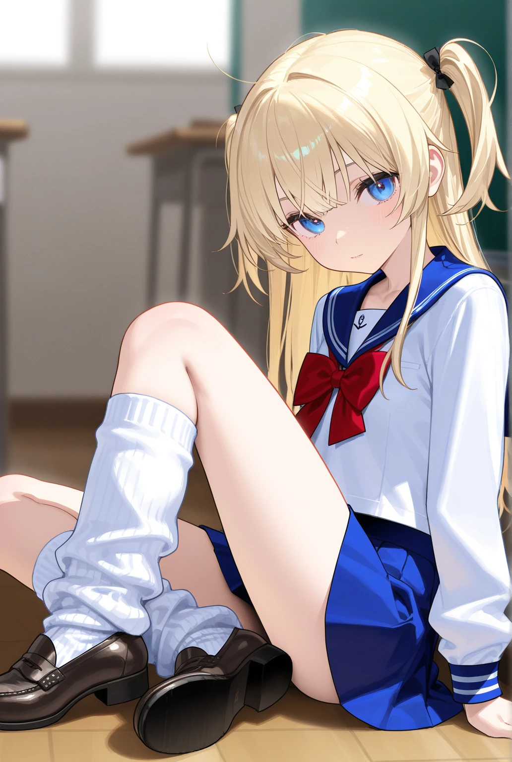 scowling face,cowboy shot,thin legs,standing,extremely young girl,extremely emaciated girl,front shot,flat chest,low twin tails,blonde,white waste length panty,stained crotch,navy hip length sailor uniform,long navy long skirt,black knee socks,upskirt with her hand,panty shot,from below,ground level shot,mtu shot