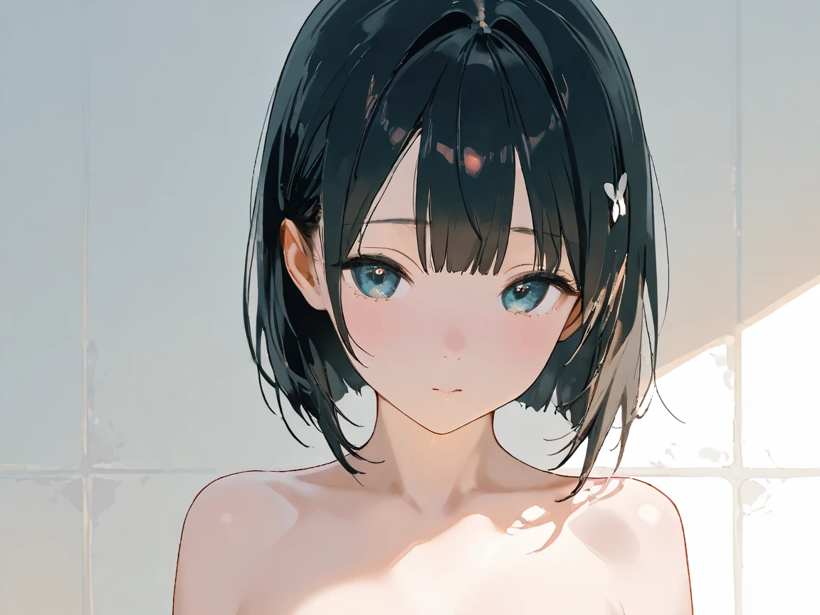 hand , blue eyes, Short black hair, Blue ribbon in hair, Mid-chest, One girl, Full nudity ,Thin pubic hair､ Beach, Beach path, Absurd, High resolution, Super sharp, 8K, masterpiece, View your viewers