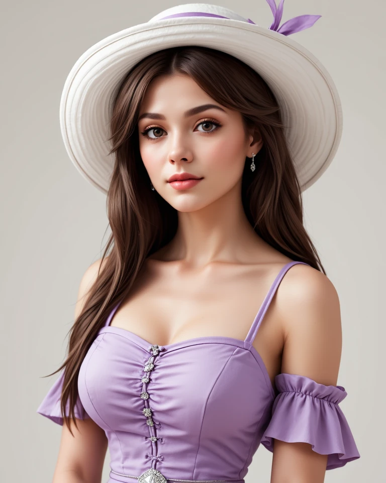 (highest quality,High resolution,In 4K), brown haired woman, young french woman,larger breasts、Stylish royal purple dress,bright colors, porcelain skin, Big eyes, Cute smile showing white teeth, charming charm, At a resort, soft lighting, exquisite details,Stylish royal purple dress,wearing cap,like masterpice
