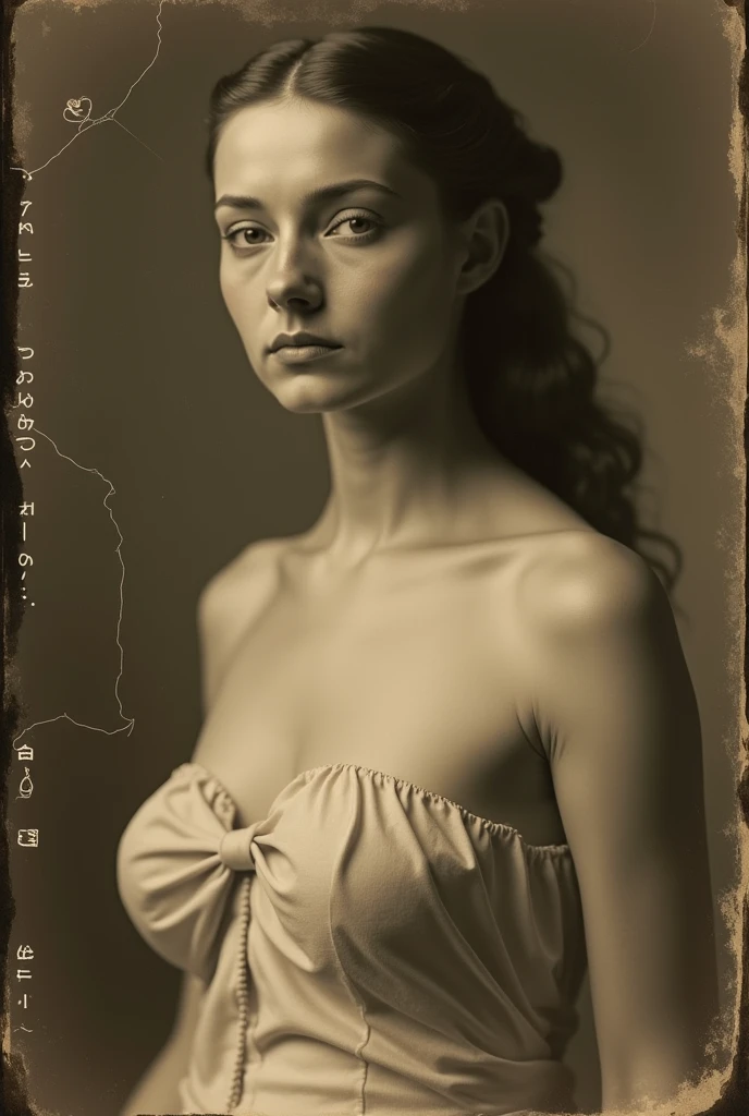 1900s \(style\) photo of 20 year old jp-Marta-325 ,Gibson tuck, soft blush , Cotton chemise with square neckline, ruffled cuffs, and delicate lace trim , Antique setting , Century Camera Co. Studio, 160mm f/8, 1/10s, ISO 25, Tintype