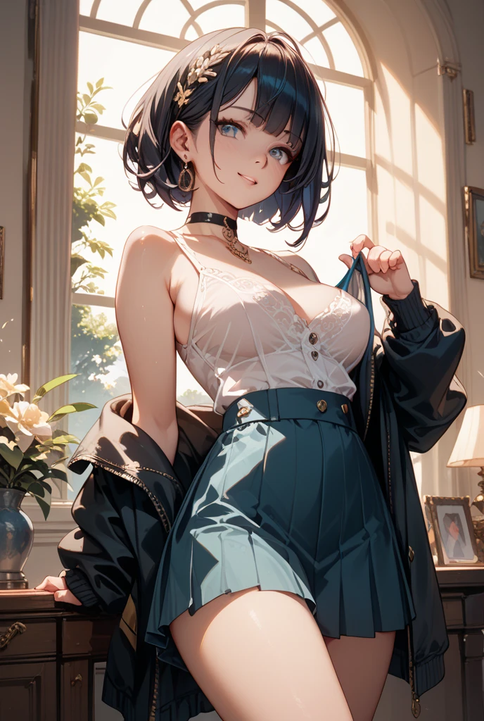 absurdres, RAW photo, extremely delicate and beautiful, masterpiece, Best Quality, ultra high resolution, 32k, hyperrealistic, ultra-detailed, perfect anatomy, anatomically correct, perfect figure, Perfect Style, Perfect balance, in her 20s, very Slim body, narrow waist, very small head, very small face, delicate facial features, detailed face, detailed eyes, tearful mole, earring, very huge round breasts, whole body shot, whole legs, medium hair, asymmetrical hair, indoor, skirt, camisole,