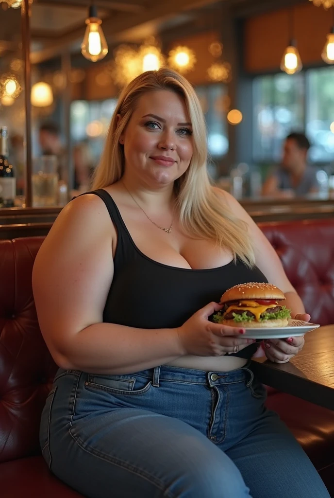 A happy/excited detailed photo of a Beautiful ginger architect SSBBW, with long wavy ginger hair, with big soft fat belly, small saggy breasts in a cute orange top, sitting at a table in a beautiful authentic italian restaurant, there is a huge pizza ahead of her, she is sitting on a chair behind a table and pizza