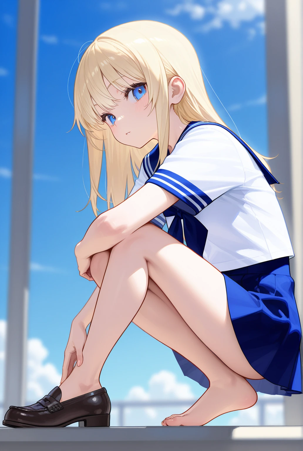 highest quality、Super Resolution、8K,(masterpiece:1.3), (Absurd:1.3), (highest quality:1.3), (Very detailed:1.3), One girl, View your viewers, smile, Outdoor,Photographed from the perspective of looking up at her feet, Summer sailor uniform,ailor collar,、Sit on a bench、She spreads her legs and shyly shows her panties、She shows off her white frilly panties to the viewers.、