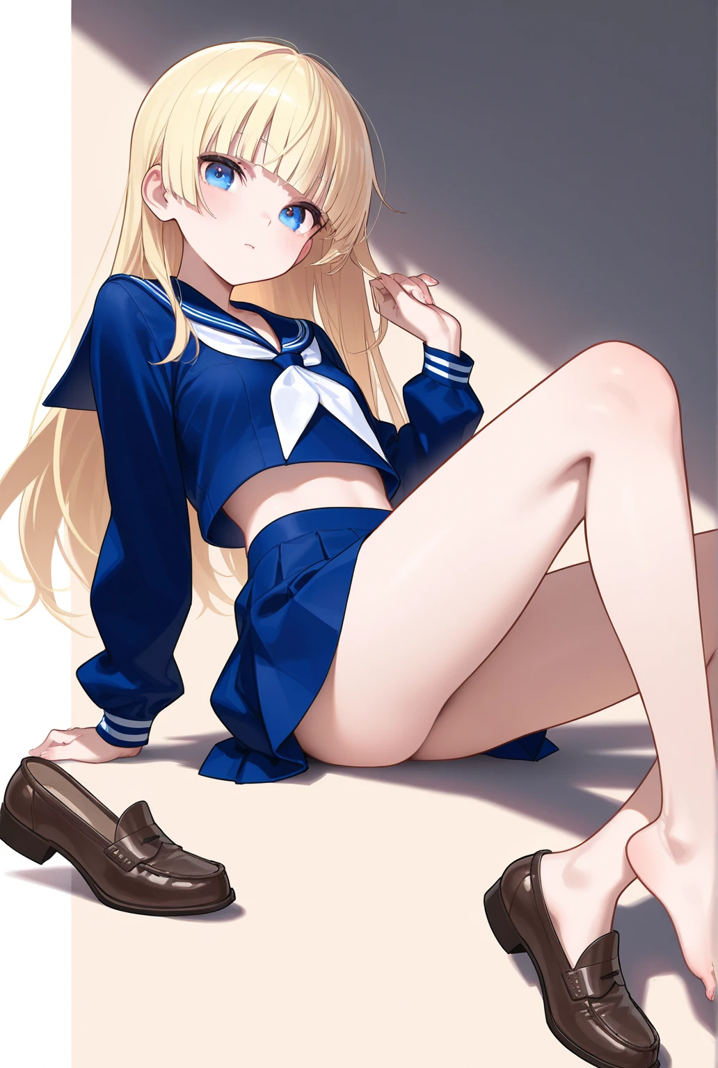 high-level image quality、top-quality、Detailed drawing、Does not blush cheeks、Slender adult beauty、Sailor School Swimsuit、Small eyes、knee high、Stockings、normal chest、Inner thigh-sitting、Petanko sitting、blonde hair、Hold your chest and crotch with your hands、Hide your chest and crotch with your hands