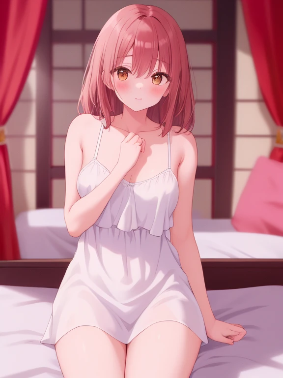 source_anime, score_9, score_8_up, score_7_up, rating_safe, lovehotel, reflection ground, glowing bed, sitting, 1girl, close up, from front, looking at viewer