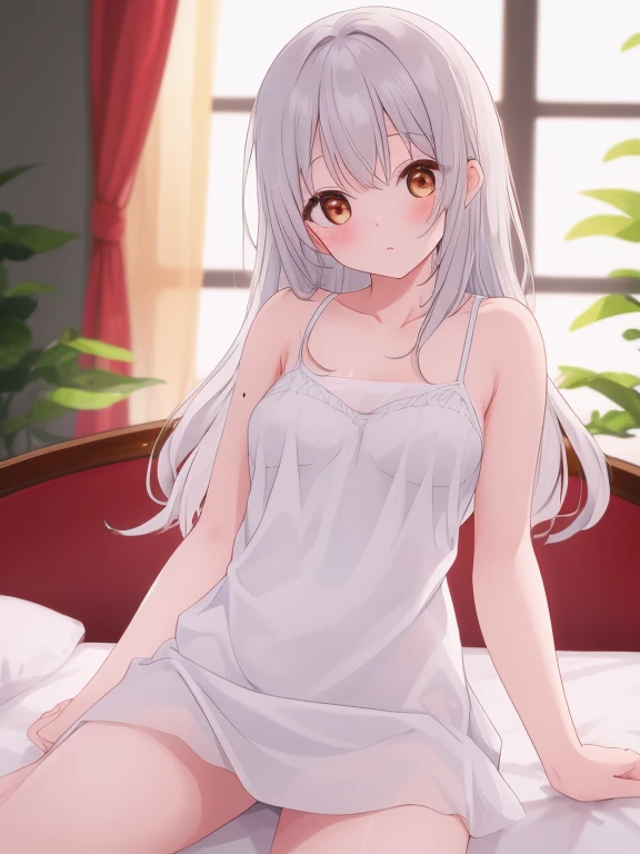 10 years old girl, white camisole, silver hair, {{{masterpiece}}}, {{{best quality}}}, (erectile nipples), ((trembling)), (((vulgarity))), (five finger), spread vagina, spread legs