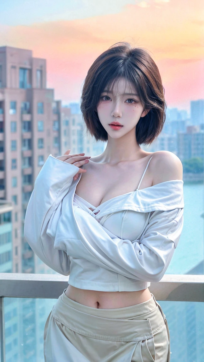 Beautiful woman with perfect figure：1.4，Layered hairstyle，White skin，Prominent cleavage，Bikini：1.5，Super short pleated skirt，whole body，Very delicate facial and skin texture，Double eyelids，Skin Whitening，Long white hair