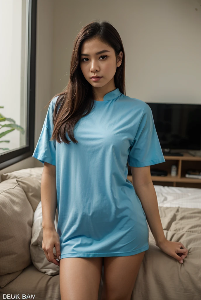 (pp clothes), (realistic), ((8k)), (masterpiece), 10-years-old, short girl, ultra realistic, wearing light blue fitness short, big, wearing oversized t-shirt, pink loose t-shirt, cameltoe, fit curvy body, tight thighs, pale white skin tone, bright skin tone, standing, open legs, view to side, view to camera, wearing pajama pants, Indonesian face, wearing high  shirt, bedroom situation, view from front.