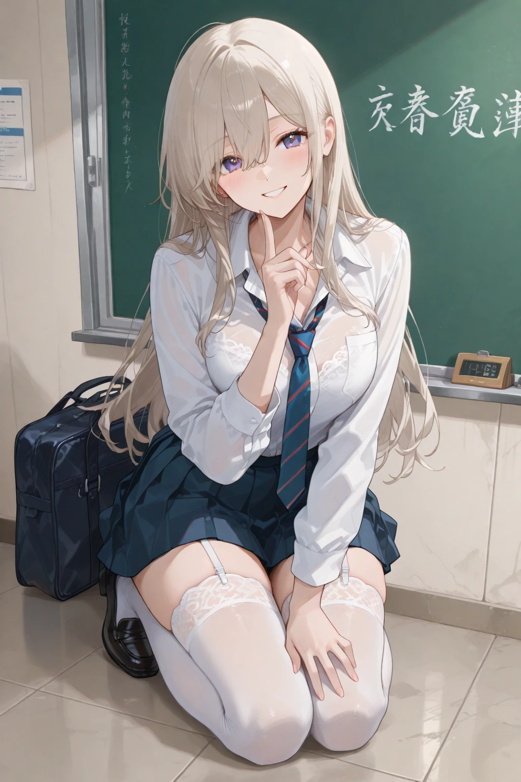 ((1 girl:1.5))、(smile:1.5)、、(cowboy shot)、(fun!!)、(white cardigan:1.5)、(dog ears)、(silver hair)、(blush:1.5)、(long hair)、(eye highlights:1.3)、blake black shoes,(黒いskirt:1.5)、bow, button, shirt with collar, long sleeve, ((red bow tie, ,, white shirt, チェック柄のskirt:1.5、white socks)),, shirt,, skirt, socks, thighs, white shirt, Rest indoors, ((classroom:1.5))、 BREAK while watching the audience、 (perfect hands, perfect anatomy),cowboy shot、(skirtlift:1.3),(highly detailed white panties:1.3)、(highly detailed panties:1.3)、、(skirt that rolls up:1.3)、(fully exposed panties:1.5)、light blue eyes