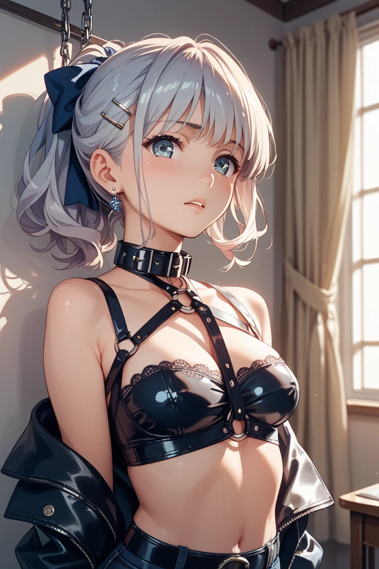 1girl, solo, leaning on white marble wall, sexy face, sexy, cute face, bangs, long hair, look away, shy, nose blush, concept art, freckles, lay light on the wall, passionate, medium breast, fit body, long waist, (thigh gap), wide shoulder, short hair, white hair, hair over one eye, open blue coat, brown gloves, black pants, earrings, seductive, enchanting, (biting lip), erotic