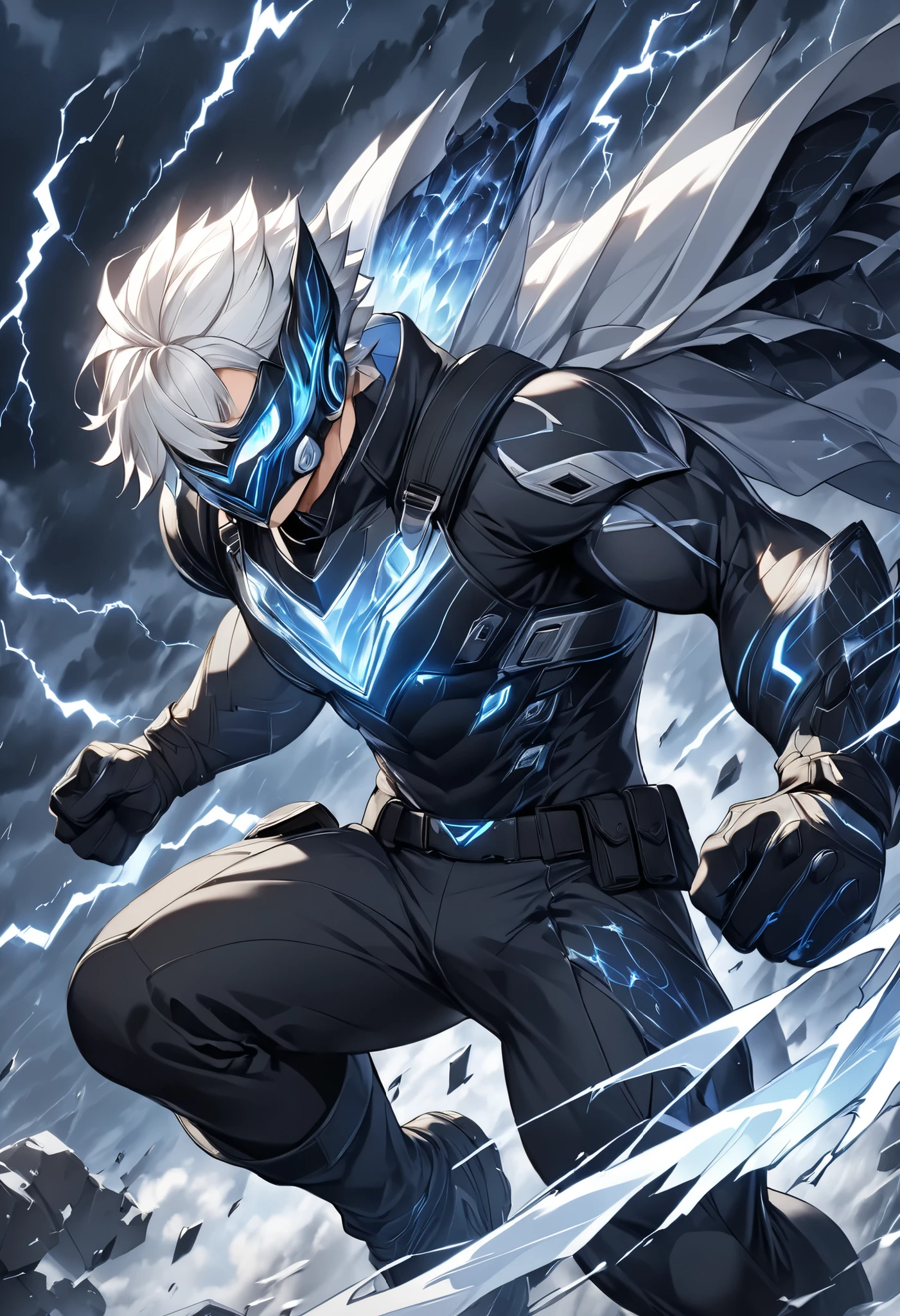 ** storm** He is a hero of 1,77 meters high, with an athletic build and defined musculature that reflects his constant training. His pale skin contrasts with his short, messy white hair, while his dark blue eyes, intense like a sky before a storm, reveal a penetrating gaze that combines wisdom and ferocity.
He wears a tactical suit with armored panels in shades of black and metallic gray, with luminescent electric blue stripes that are activated when he uses his powers. } The upper part includes a reinforced chest with angular shoulder pads, while tight combat pants incorporate a digital camouflage design on carbon scales. A modular belt with magnetic capsules stores your tools: compressed ice crystals and spheres of static energy.
His face is covered by an aerodynamic carbon fiber mask that reveals only the eyes, with a integrated holographic visor that projects data in real time. Complete your equipment with tactical gloves with reinforcements on the knuckles and boots with non-slip soles that emit blue sparks when running.
storm irradia una aura de autoridad fría pero noble. His movements are precise and calculated, mixing the agility of a feline with the brute force of a hurricane. Unleashing his powers, } generates swirls of sharp snow like blades and lightning shocks that draw fractals in the air. His loyalty to the innocent is unwavering, and although his presence intimidates, conveys the security of a wall against darkness.
