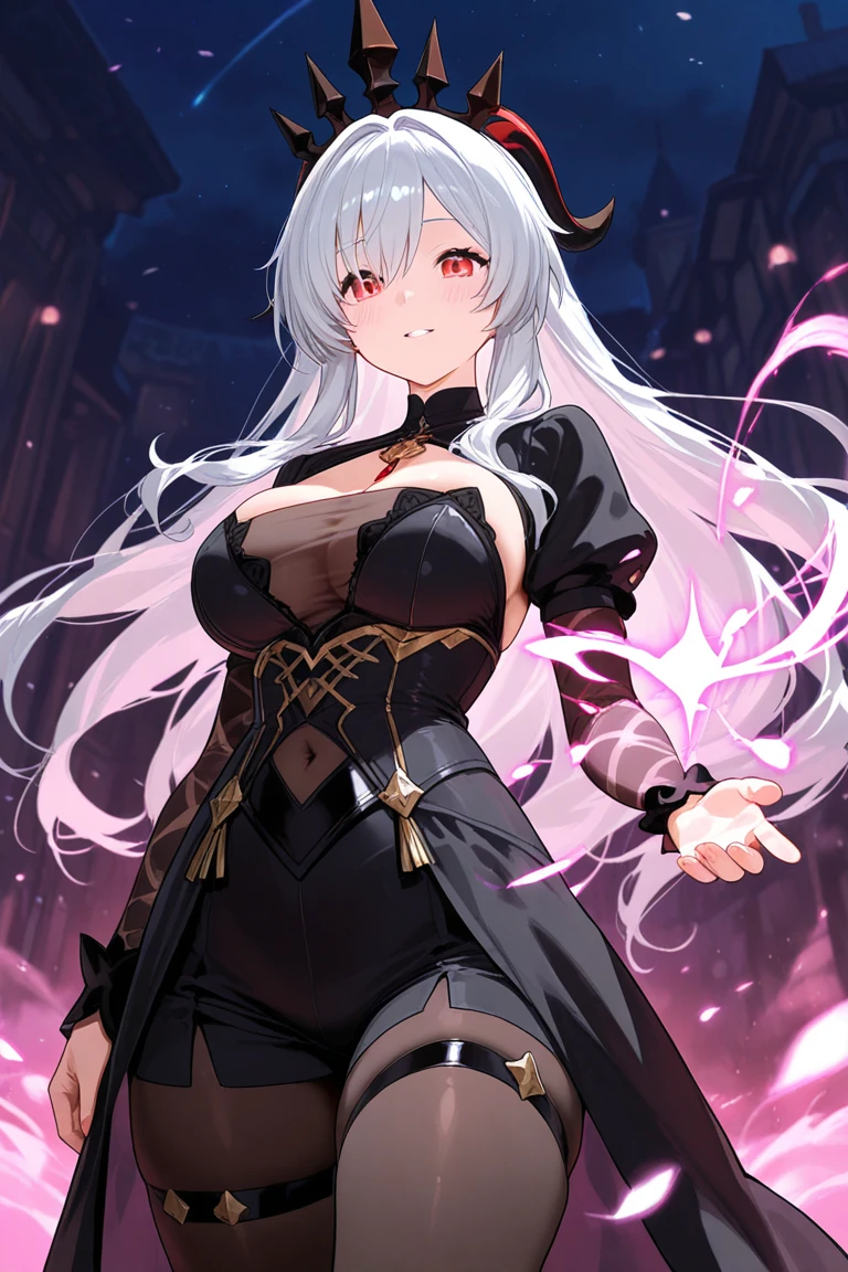 highest quality, masterpiece, high resolution, 1 person, female, silver hair, long hair, blue eyes, Tired face. distinct eyes, side, big eyes, Eyelashes, eyeliner, Sisters' robes, black hairpin, Sheep Horn, huge breasts, Hands together