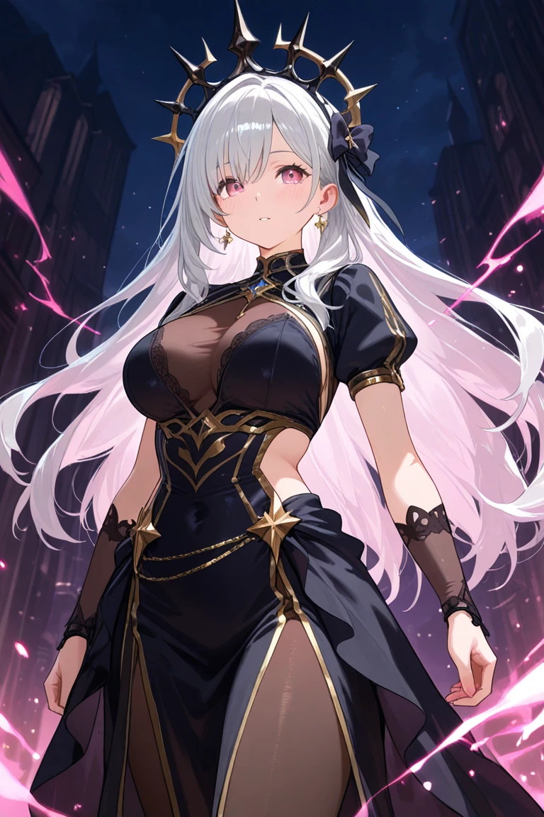 (delicate and beautiful CG artwork),(best quality, ultra-detailed, high resolution),(dynamic angle, dynamic lighting),(1 character),(long white and purple hair, red eyes, beautiful face),(black transparent stocking),(devil) (long sideburns) clock in background, city, night light, horns, black dress