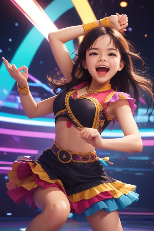 A cute young woman dancing with a joyful expression, wearing a stylish and colorful outfit. The background shows a lively and vibrant setting, with dynamic poses and fluid movements capturing the energy of the dance.