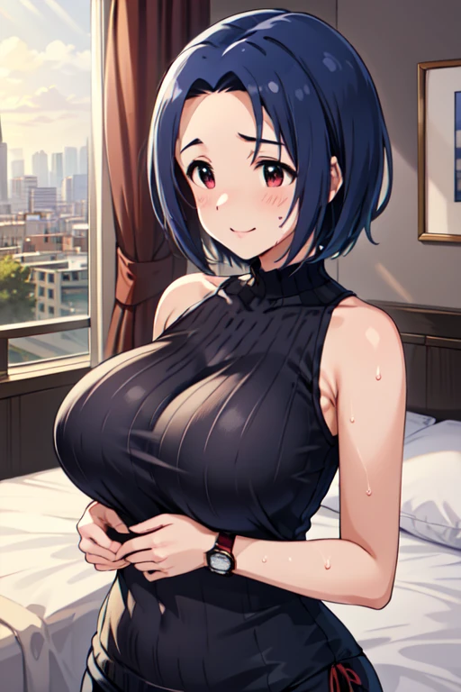 (best quality:1.5, highres, UHD, 4K, detailed lighting, shaders), ponytail, large breasts, camisole, shorts, cleavage, (pov, close shot), sitting on couch, thighs, sexy, calm