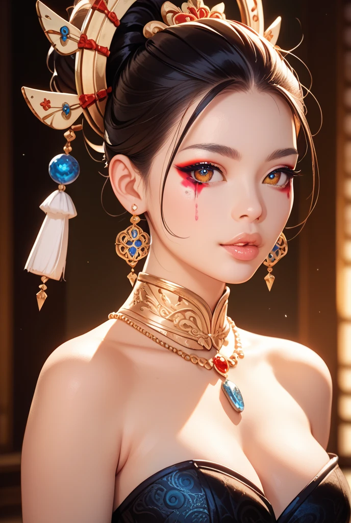 (8k,RAW photos,best qualtiy,tmasterpiece:1.2),(realisticlying,Photorealistic and realistic:1.4),(Very detailed CG unity 8k wallpaper),(1个Giant Breast Girl),dance,dunhuang_dress,dunhuang_style,dunhuang_background,Arms up,Gold ornaments,Ancient Chinese hairstyle,gossamer,Streamers,light make-up,eye shadows,Eyebrow nevi,(confront),dynamicposes,Background smoke surrounding,Red and green color scheme,Petals flying,the detail,jewelry,耳Nipple Ring,bangle,bshoulders,complex texture,bust,Play the lute