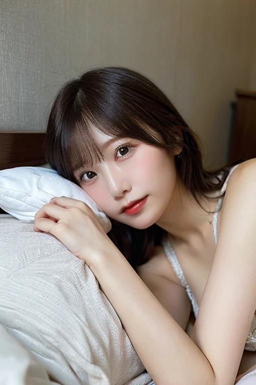(8k、RAW Photos、Highest quality、masterpiece:1.2)、((Night view:1.5))、((lingerie、、smile:1.3))、(Realistic、Realistic)、((Very flat chest、Are thin:1.2))、1 girl、((morning、sunlight、 Hotel Bedroom、bed、Lie、ear))
